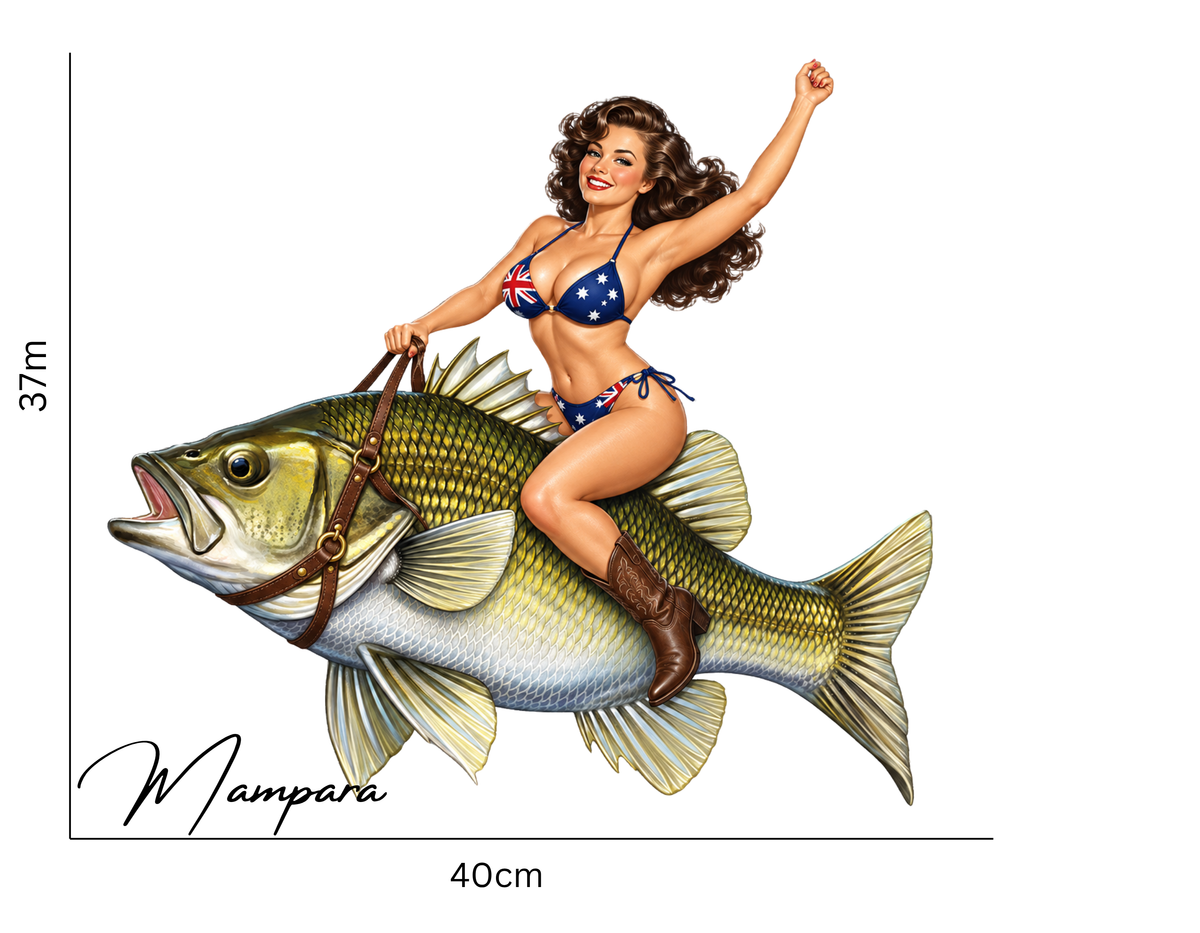 Australian Bass with Brunette Pin Up 40s era Print mount 40cm