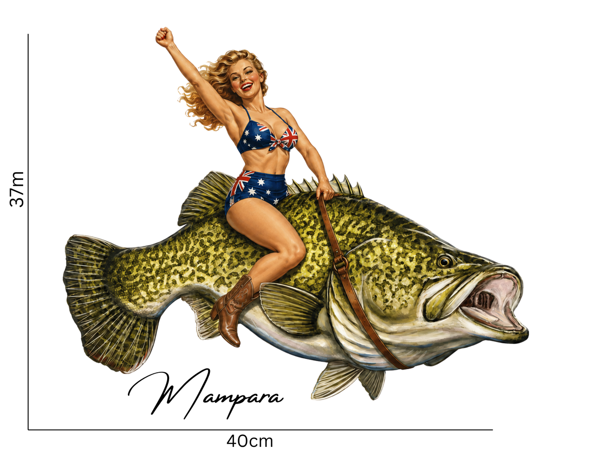 Murray Cod with Blonde Pin Up 40s era Print mount 40cm