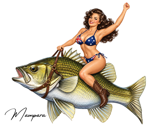 Australian Bass with Brunette Pin Up 40s era Print mount 40cm