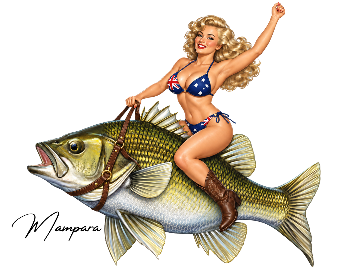 Australian Bass with Blonde Pin Up 40s era Print mount 40cm