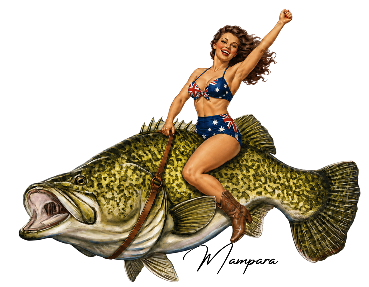 Murray Cod with Brunette Pin Up 40s era Print mount 40cm