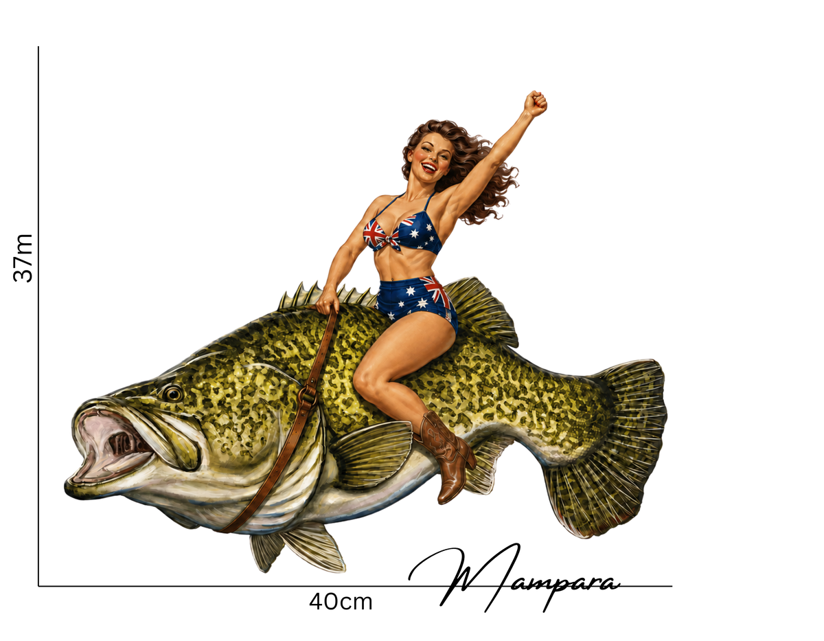Murray Cod with Brunette Pin Up 40s era Print mount 40cm