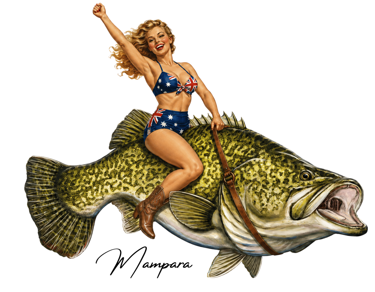 Murray Cod with Blonde Pin Up 40s era Print mount 40cm