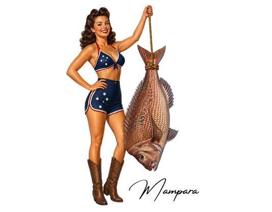 Brunette Pin Up 40s era holding Snapper Print mount 60cm