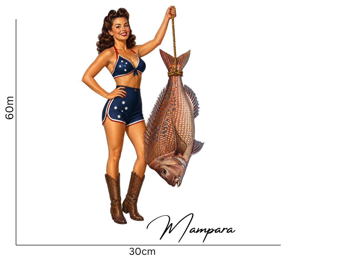 Brunette Pin Up 40s era holding Snapper Print mount 60cm
