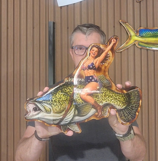 Murray Cod with Brunette Pin Up 40s era Print mount 40cm
